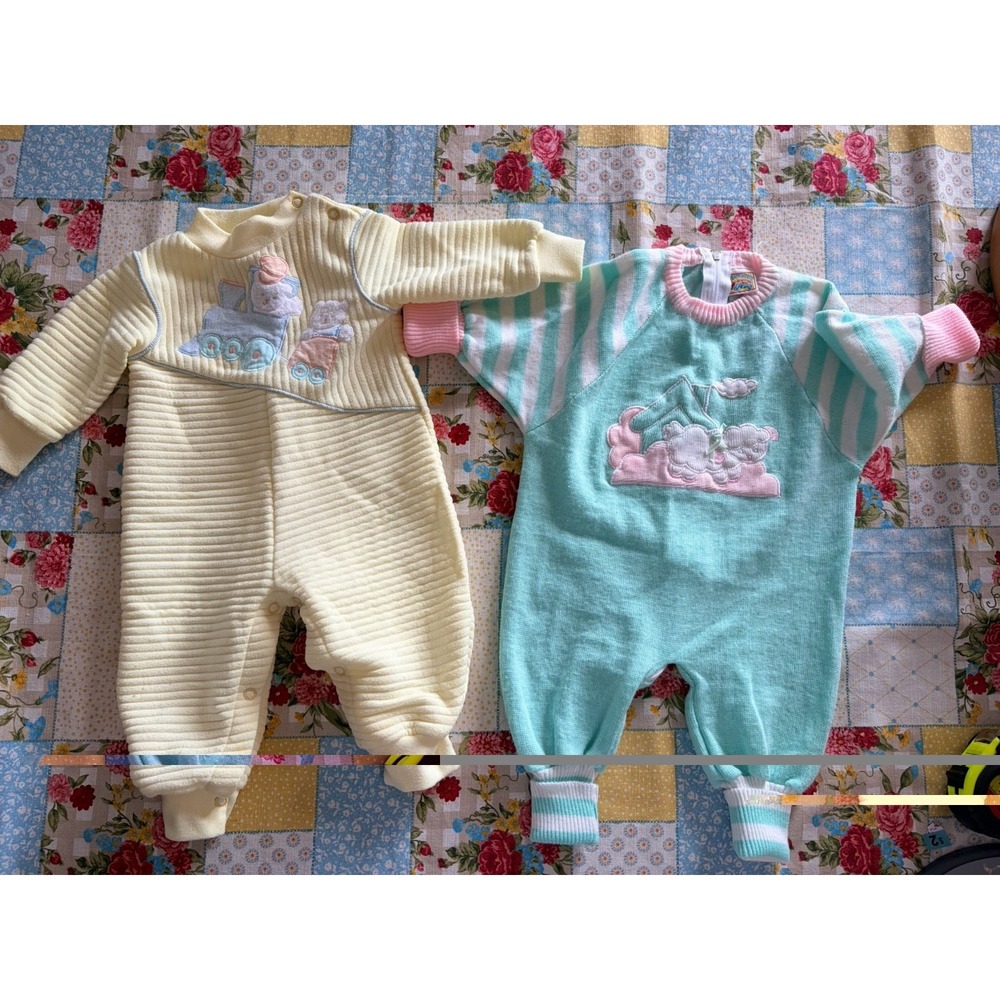 Vintage 80s Baby Yellow Green Snap One Piece Sleepers Size 12 Mo Lot Of 2